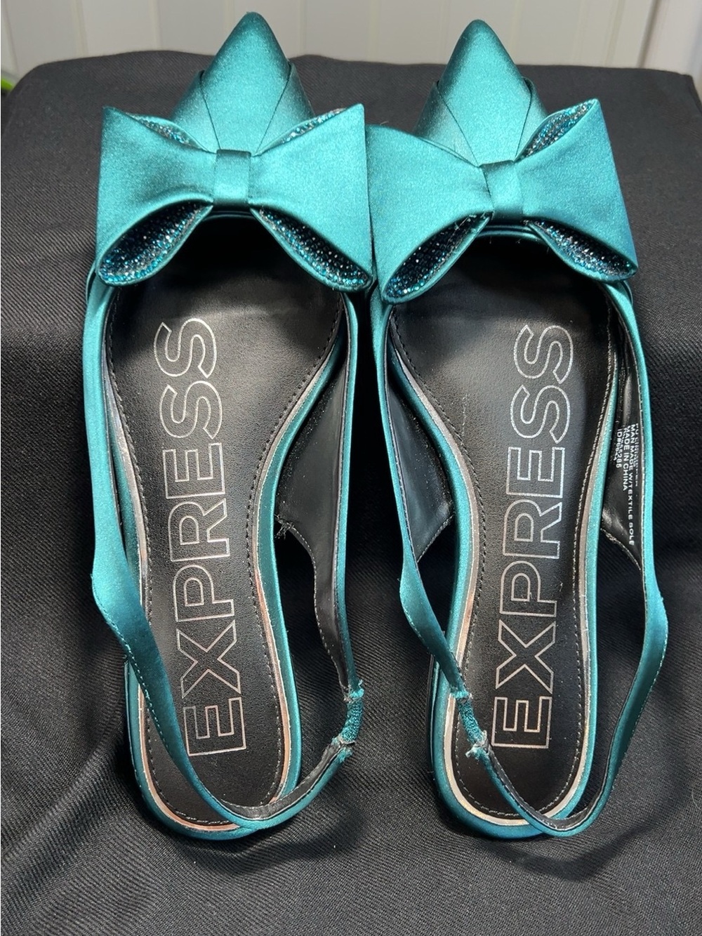 Express Teal Satin Pointed Bow Slingback Flats